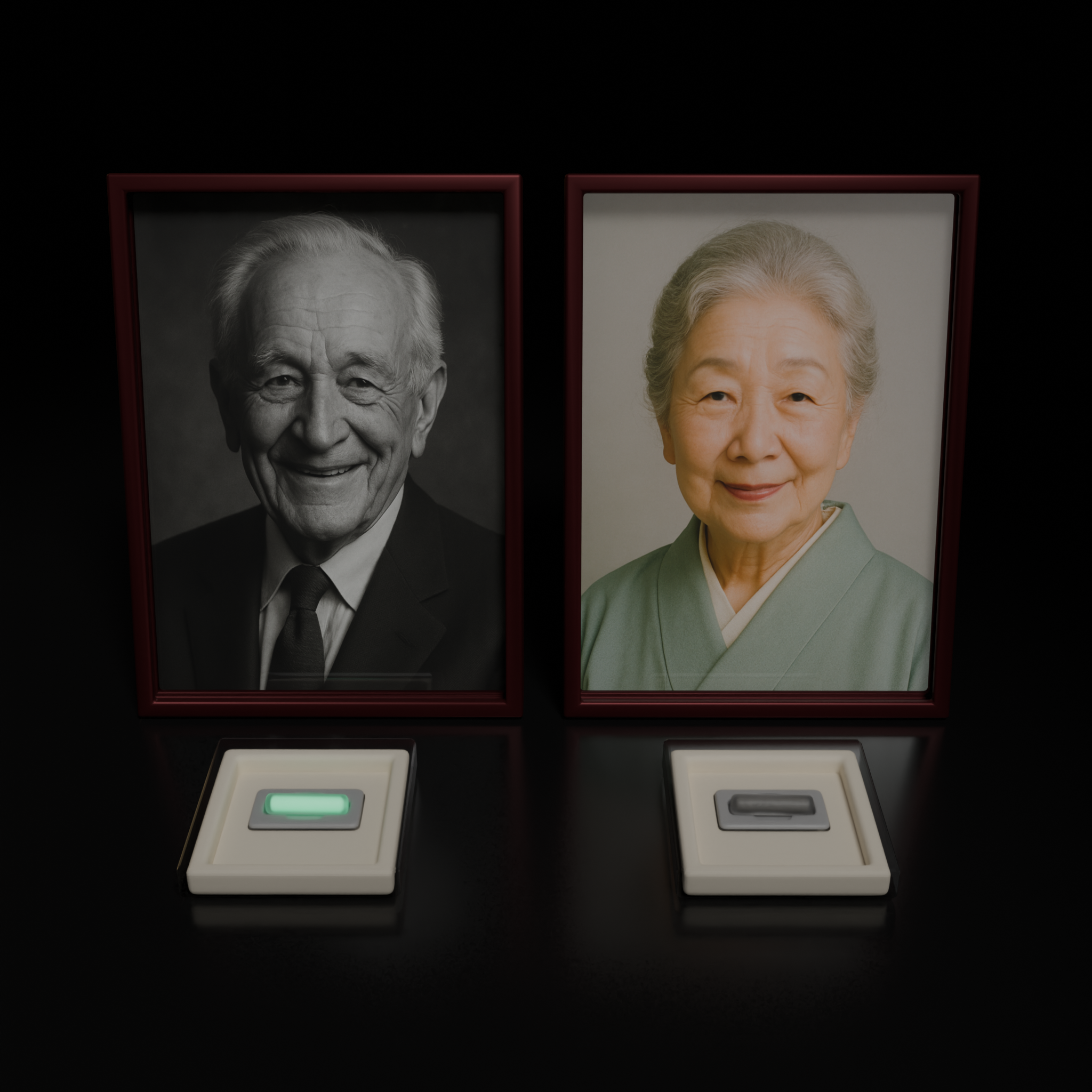 Framed portraits on a dark surface with Memora capsules